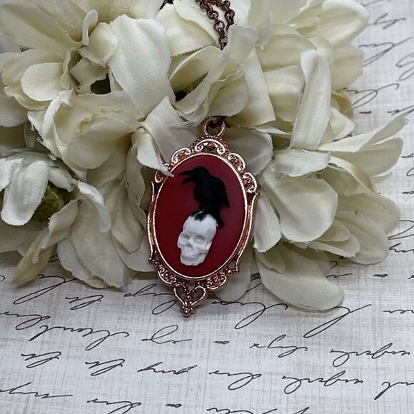 ROSE Gold Red Gothic Crow Raven Rose Skull Wedding Party Jewelry necklace Cameo - Picture 4 of 11